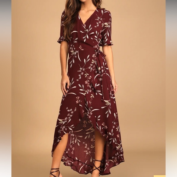 Lulus Dresses & Skirts - Lulus Wild Winds Burgundy Floral Print High-Low Wrap Dress